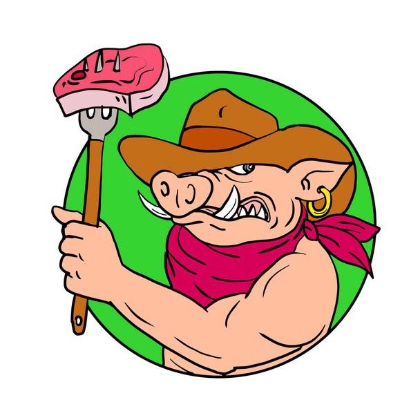 Zeichnung Skizze Stil Illustration eines Cowboy-Schweins, Wildschwein oder Wildschwein hält eine Gabel mit Grillsteak innerhalb Kreis auf isoliertem weißen Hintergrund in Farbe. - Vektor, Bild