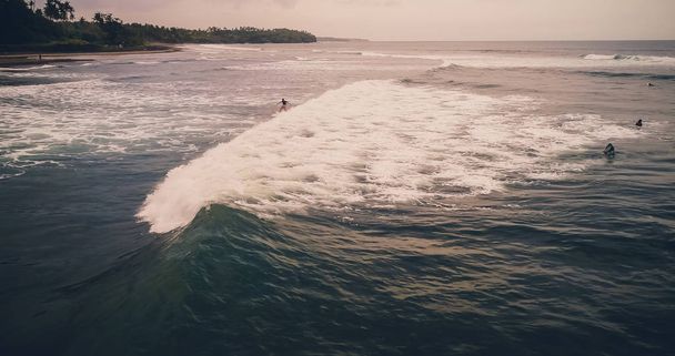 Aerial view surfers and wave in tropical ocean. Top view - Foto, Imagem
