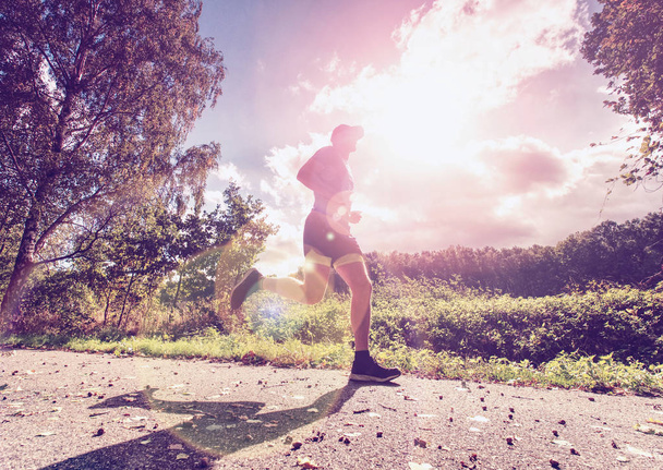 Чоловік біжить у парку сонячного дня на фоні природи. Навчання чоловіка, підготовка його тіла до марафону
 - Фото, зображення