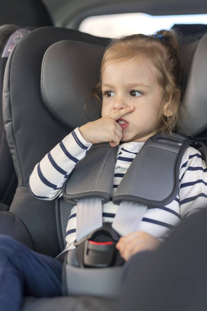 linda niña pequeña en asiento de coche gris en el coche
 - Foto, Imagen