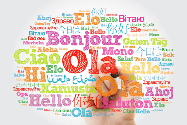 OLA (Hello Greeting in Portuguese) word cloud in different languages of the world with marker - Fotografie, Obrázek
