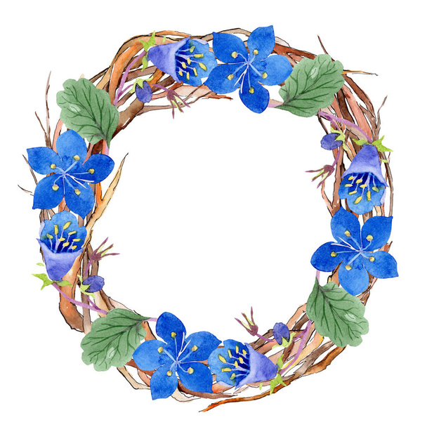 Kék facélia virág. Zöld levél vadvirág. Akvarell háttér illusztráció készlet. Keret Virág Koszorú. - Fotó, kép
