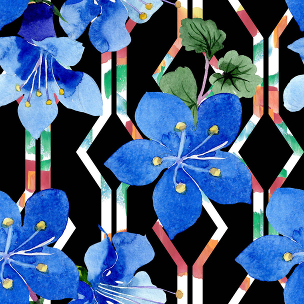 Blue phacelia flower. Watercolor illustration set. Seamless background pattern. Fabric wallpaper print texture. - Photo, Image