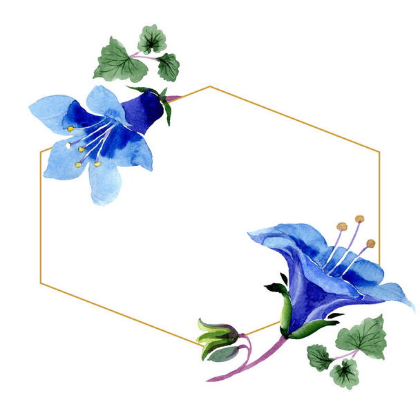 青い phacelia の花。水彩画背景。ゴールデン フレーム クリスタル。多面体結晶の幾何学的な石. - 写真・画像