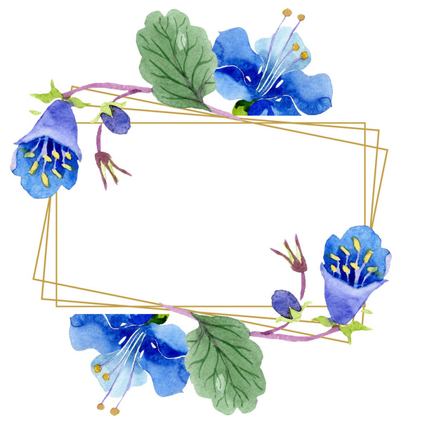 Kék facélia virág. Zöld levél vadvirág. Akvarell háttér illusztráció készlet. Keret floral tér. - Fotó, kép