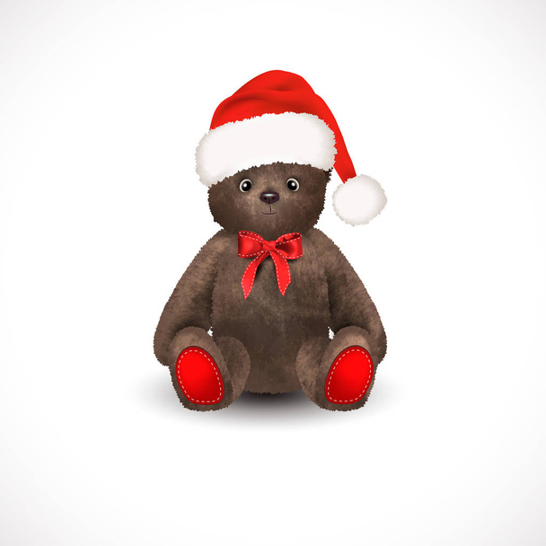 Сидячий пухнастий милий коричневий плюшевий ведмедик з різдвяним Санта Клаусом капелюхом червоного лука. Дитяча іграшка ізольована на білому тлі. Реалістична векторна ілюстрація
. - Вектор, зображення