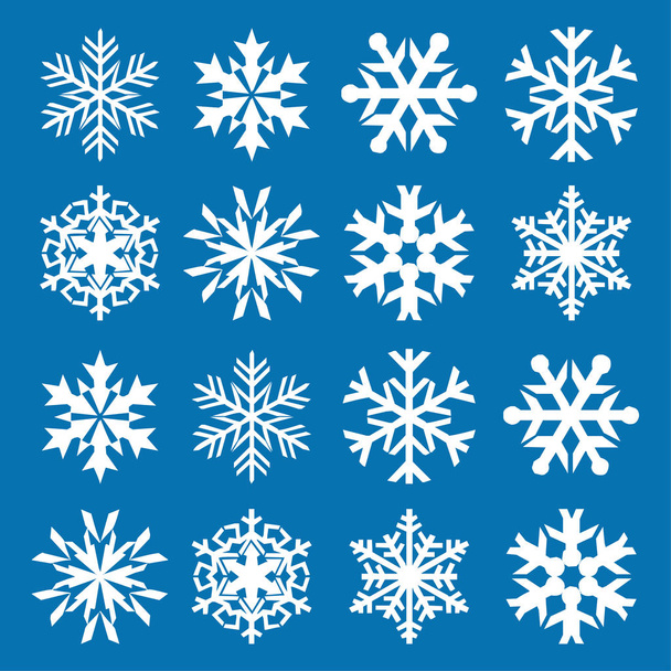 スノーフレークのベクトルのアイコンの背景は、ブルーの色を設定します。冬白いクリスマス雪フレーク クリスタルの要素。天気図氷コレクション。クリスマスのフロスト フラット分離シルエット シンボル - ベクター画像