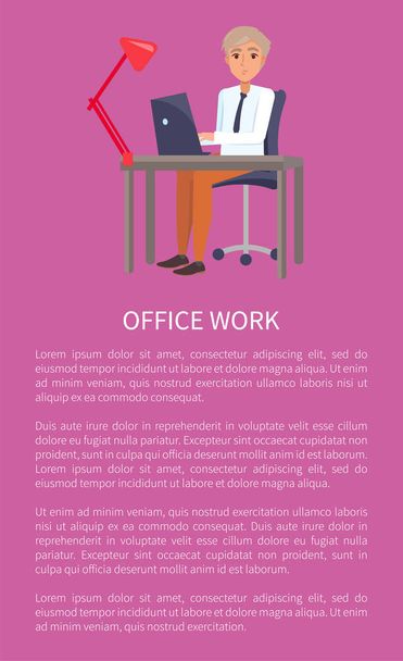 Office work banner with text sample cheerful male sitting at workplace. Worker at desk with lamp vector illustration isolated on purple, confident manager - Vetor, Imagem
