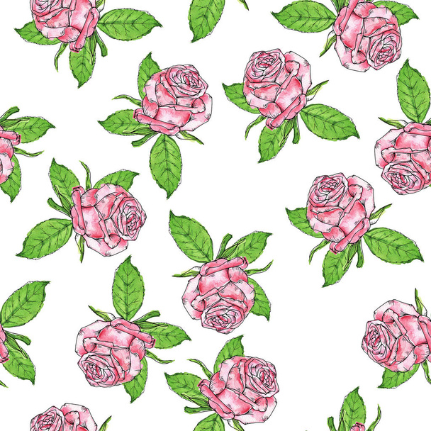 Seamless pattern with beautiful pink roses and fresh green leaves on white background. Hand drawn watercolor and ink illustration. - Fotó, kép