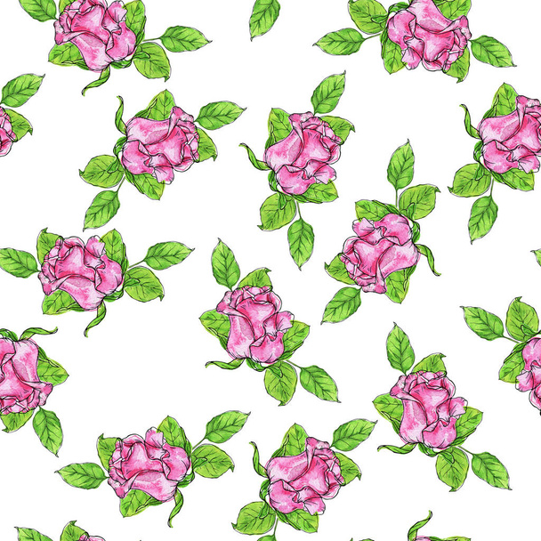 Seamless pattern with beautiful pink roses and green leaves on white background. Hand drawn watercolor and ink illustration.  - Foto, immagini