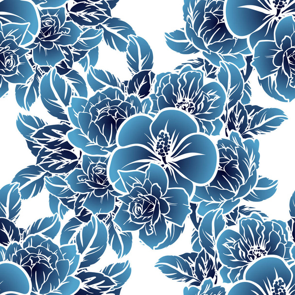 Seamless vintage style monochrome dark blue colored flower pattern. Floral elements. - Vetor, Imagem
