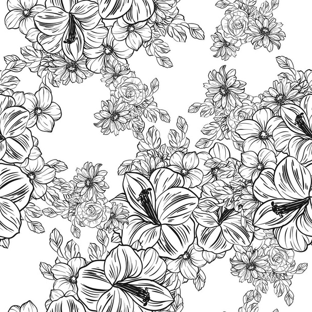 Patrón de flores de estilo vintage sin costuras. Elementos florales en blanco y negro
. - Vector, imagen