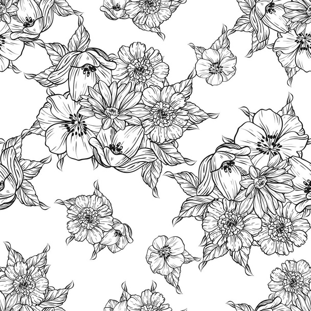 Seamless vintage style flower pattern. Floral elements in black and white. - Wektor, obraz