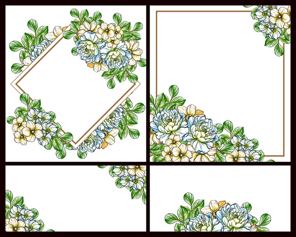 Vintage style flower wedding cards set. Floral elements and frames. - ベクター画像