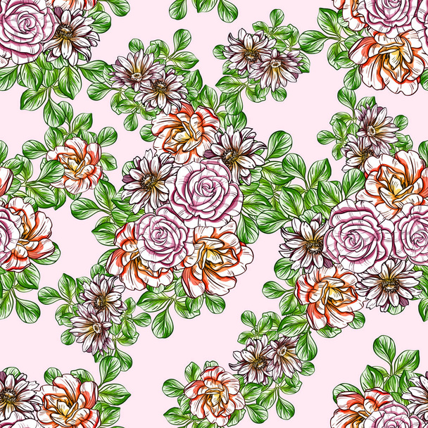 Seamless vintage style flower pattern. Floral elements in color - Vector, imagen