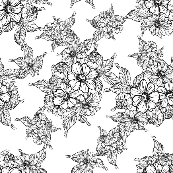 Seamless vintage style flower pattern. Floral elements in black and white. - Vektor, Bild