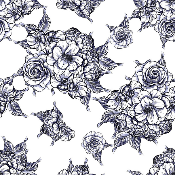 Seamless vintage style monochrome colored flower pattern. Floral elements. - Vettoriali, immagini