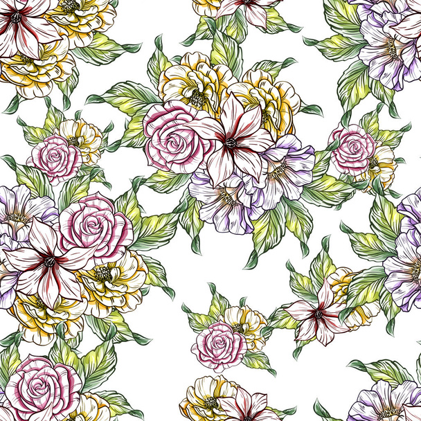 Seamless vintage style flower pattern. Floral elements in color - Vektori, kuva