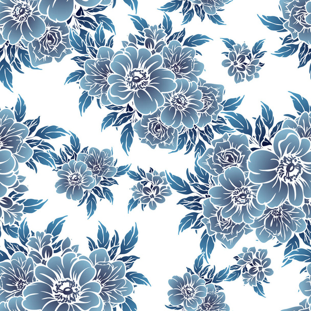 Seamless vintage style monochrome dark blue colored flower pattern. Floral elements. - Vector, imagen