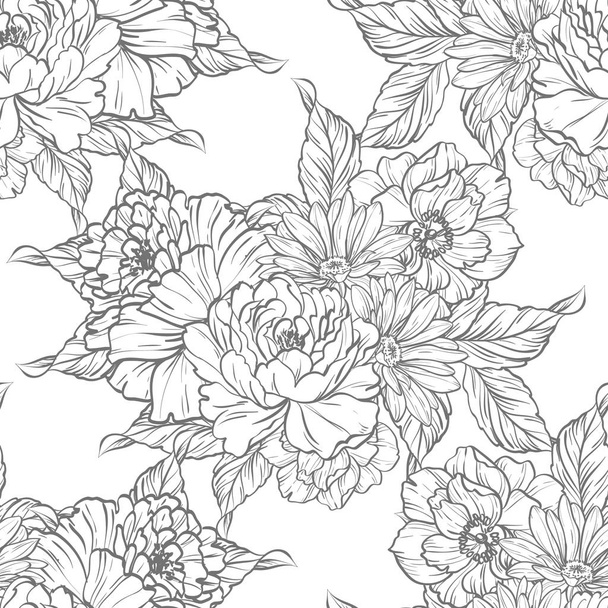 Seamless vintage style flower pattern. Floral elements in black and white. - Вектор,изображение