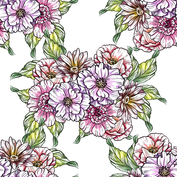Seamless vintage style colorful flower pattern. Floral elements in color - Vecteur, image