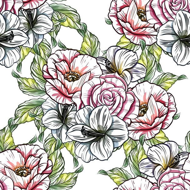 Seamless vintage style colorful flower pattern. Floral elements in color - Vetor, Imagem