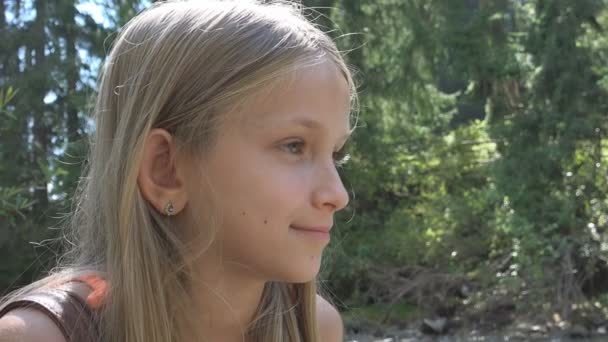 Sad Child by River, Thoughtful Kid Relaxing in Nature, Girl in Camping, Mountain - Záběry, video