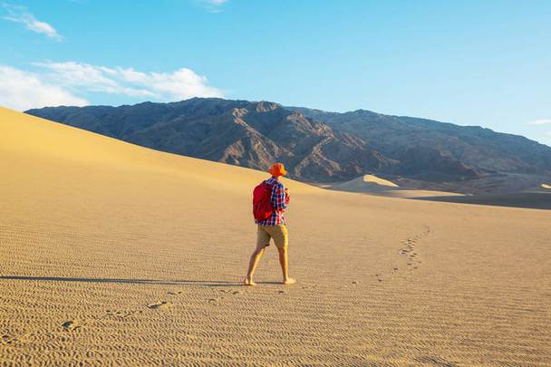 Hiker in sand desert. Sunrise time. - Fotoğraf, Görsel