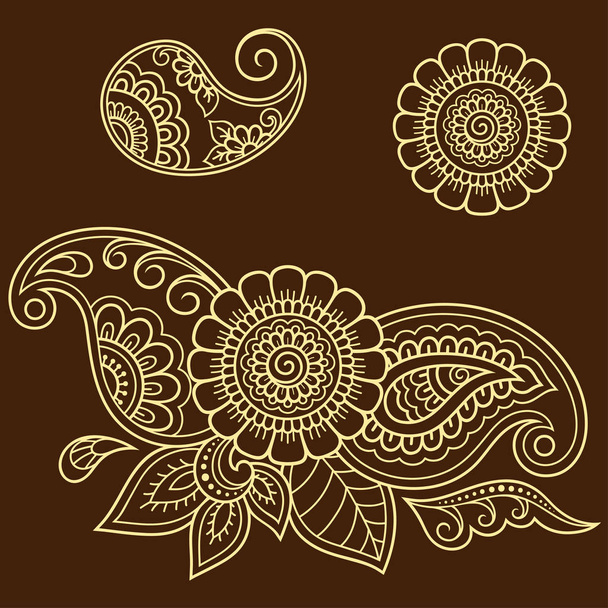 Set of Mehndi flower pattern for Henna drawing and tattoo. Decoration in ethnic oriental, Indian style. - Vector, Image