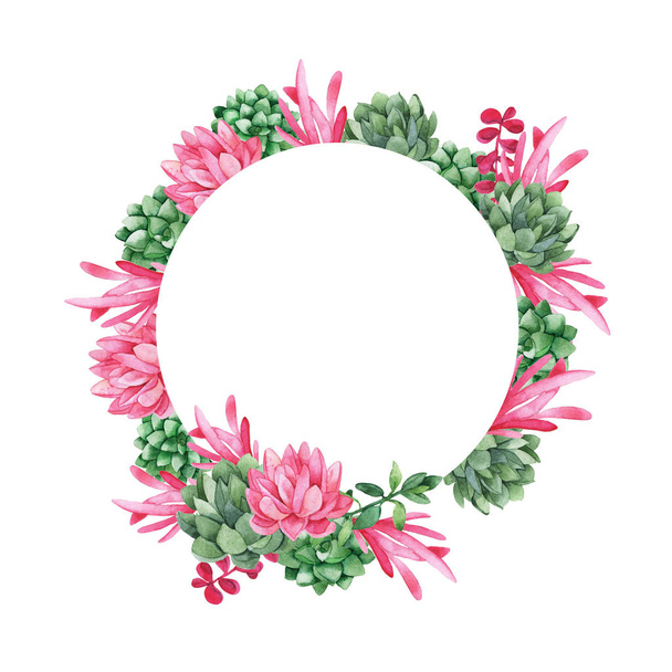 Pink and green succulent floral frame isolated on white background. Hand drawn watercolor illustration. - Photo, Image