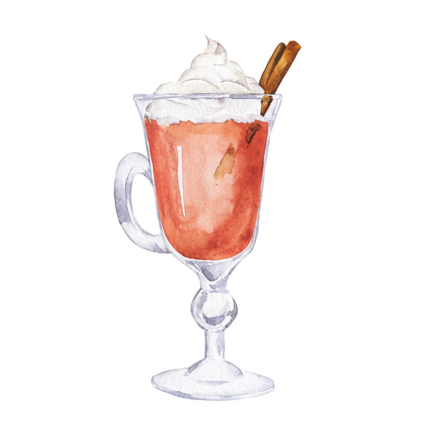 Glass of cocoa, coffee or hot chocolate witn cream and cinnamon isolated on white background. Hand drawn watercolor illustration.  - Фото, зображення