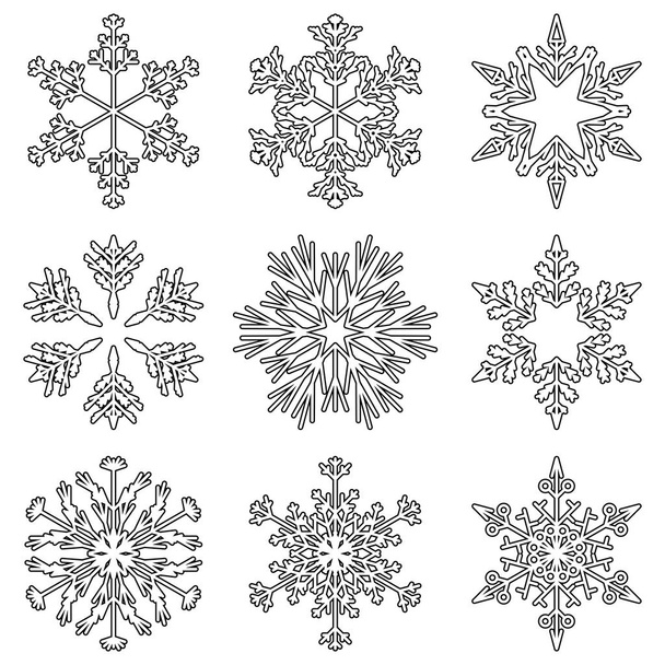 Coleção artística de flocos de neve de cristal abstrato gelado isolado no fundo como decoração de dezembro de inverno. Gelo ou geada ornamento estrela bonita
 - Foto, Imagem