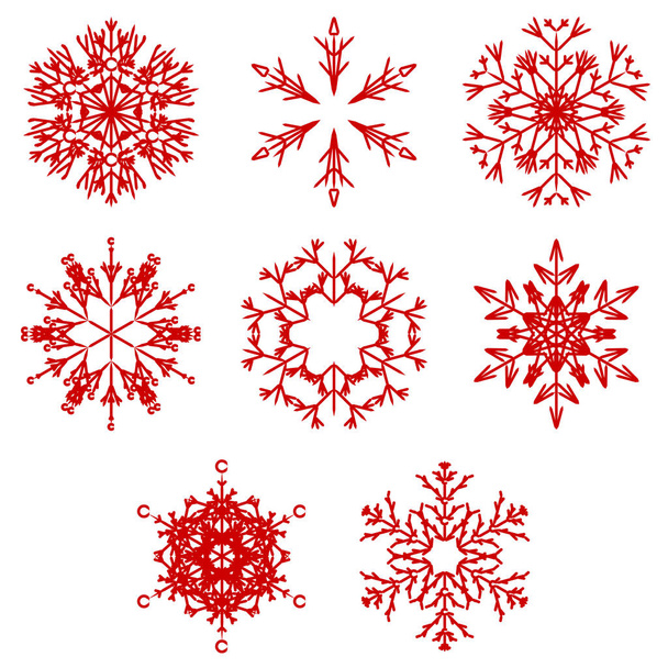 Collection of artistic icy abstract crystal snow flakes isolated on background as winter december decoration. Ice or frost beautiful star ornament - Vector, Image