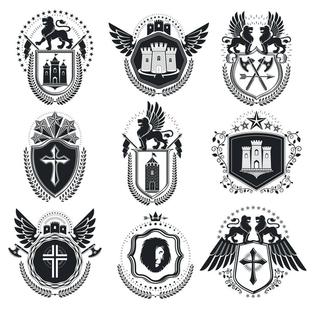 Vintage emblems, vector heraldic designs. Coat of Arms collection, vector set. - ベクター画像