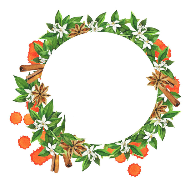 Frame with fresh orange fruits, flowers and leaves, cinnamon, anise stars and orange backdrops on white background. Hand drawn watercolor illustration. - Фото, изображение