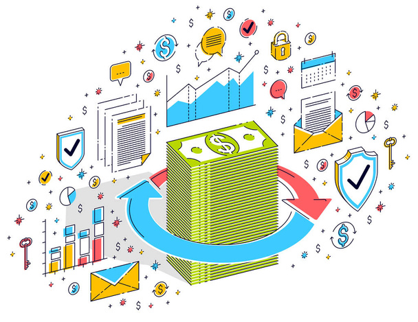 Money circulation, return on investment, currency exchange, cash back, money refund, concepts can be used. Vector 3d isometric business illustration with icons, stats charts and design elements. - Vektor, obrázek