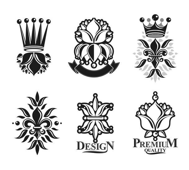 Lily çiçekler Royal sembolleri, çiçek ve kron, amblemler ayarlayın. Hanedan arması dekoratif logoları vektör çizimler toplama izole. - Vektör, Görsel