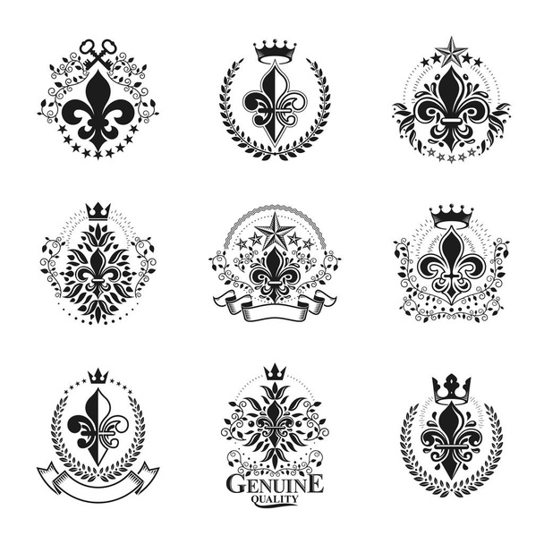 Lily Flowers Royal symbols emblems set. Heraldic Coat of Arms decorative logos isolated vector illustrations collection. - Вектор, зображення