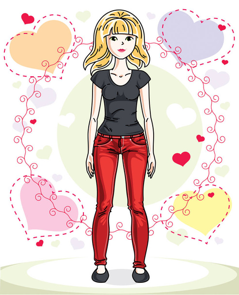 Jonge mooie blonde vrouw staande op kleurrijke achtergrond met romantische hart en het dragen van casual kleding. Vector teken. - Vector, afbeelding