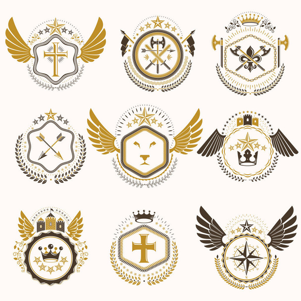 Heraldic decorative emblems made with royal crowns, animal illustrations, religious crosses, armory and medieval castles. Collection of symbols in vintage style. - Вектор,изображение