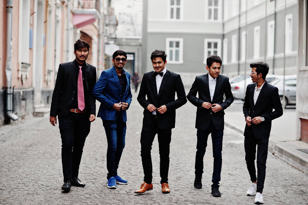 Group of 5 indian students in suits posed outdoor. - Photo, image
