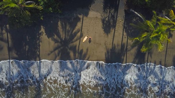 AERIAL, TOP DOWN: Surfista solitario en topless sentado en la playa de arena, mirando hacia el horizonte. Hombre irreconocible sentado junto a la tabla de surf de madera en la remota playa de arena en la fresca isla tropical de Indonesia
 - Foto, imagen