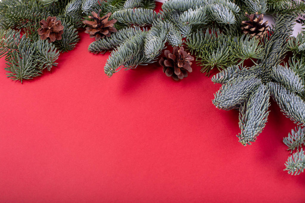 Composición navideña. Adornos rojos navideños, ramas de abeto con protuberancias sobre fondo rojo. Plano, vista superior, espacio para copiar
 - Foto, imagen