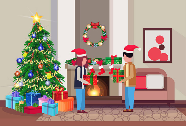 merry christmas happy new year couple give each other present gift box in living room pine tree fireplace home interior decoration winter holiday concept flat horizontal - Vektor, kép