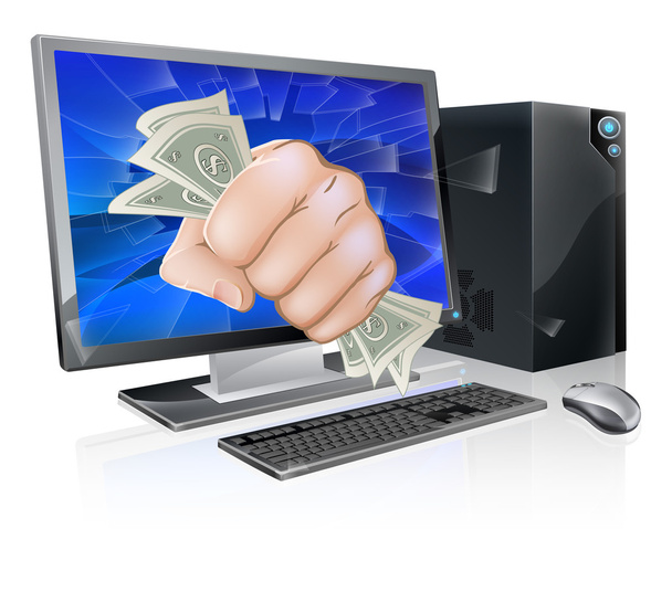 Computer with fist full of cash - Vector, Image