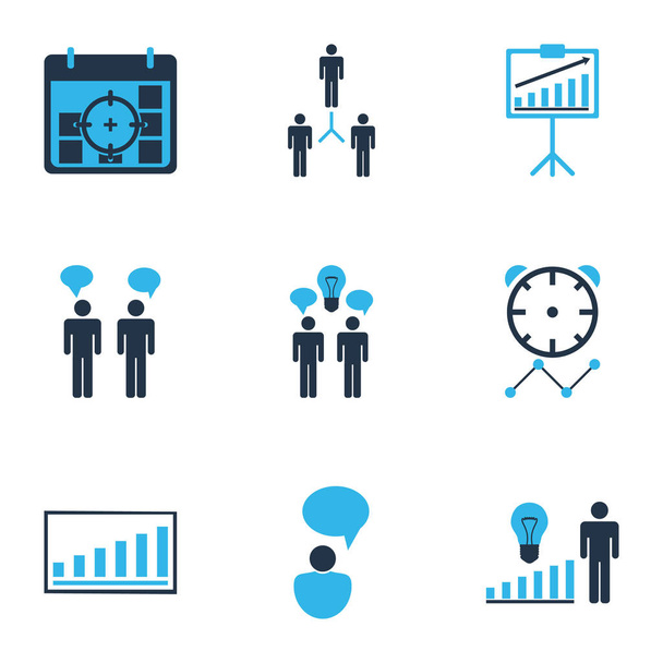 Executive icons colored set with idea discussions, management improvements, presentation of statistics and other conversation elements. Isolated  illustration executive icons. - Photo, Image