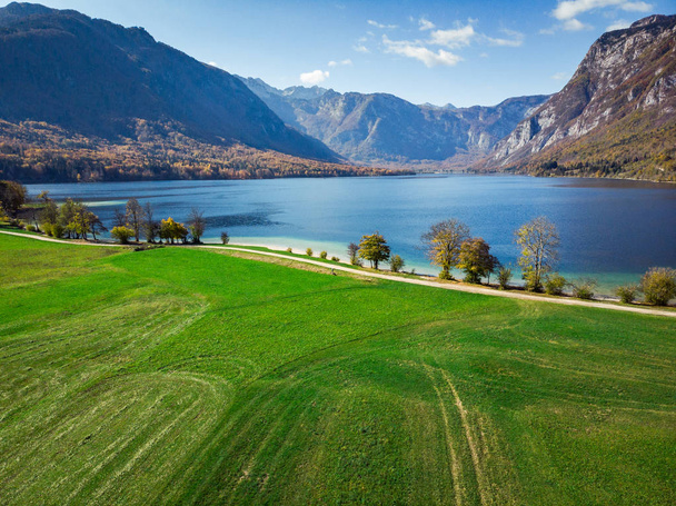 Яскраві кольори природи в Bohijn озеро в Словенії, drone вигляд зверху. - Фото, зображення