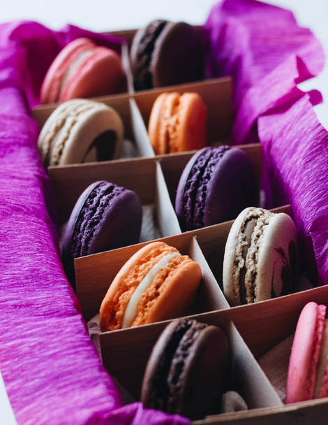 box with delicious bright macaroons, sweet dessert  - Photo, image