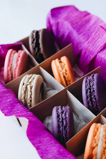 box with delicious bright macaroons, sweet dessert  - Photo, Image