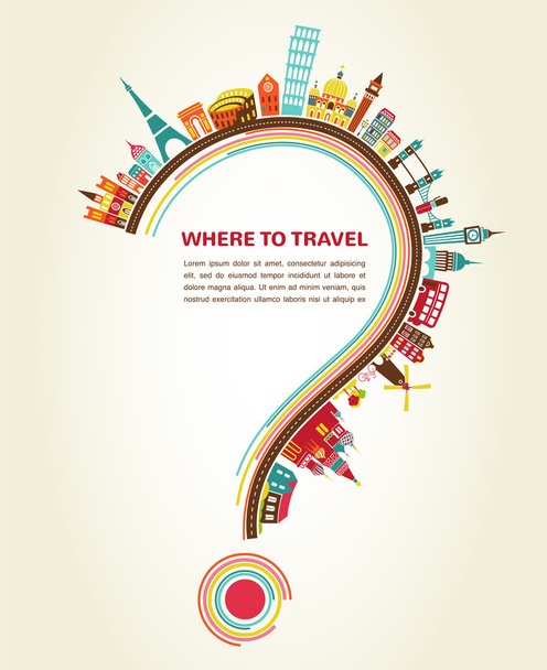 Kam cestování, otazník cestovního ruchu ikony a prvky - Vektor, obrázek